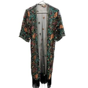 Rebellion Again Kimono Duster Sheer Embroidered Floral Fringe Boho Cover Up S